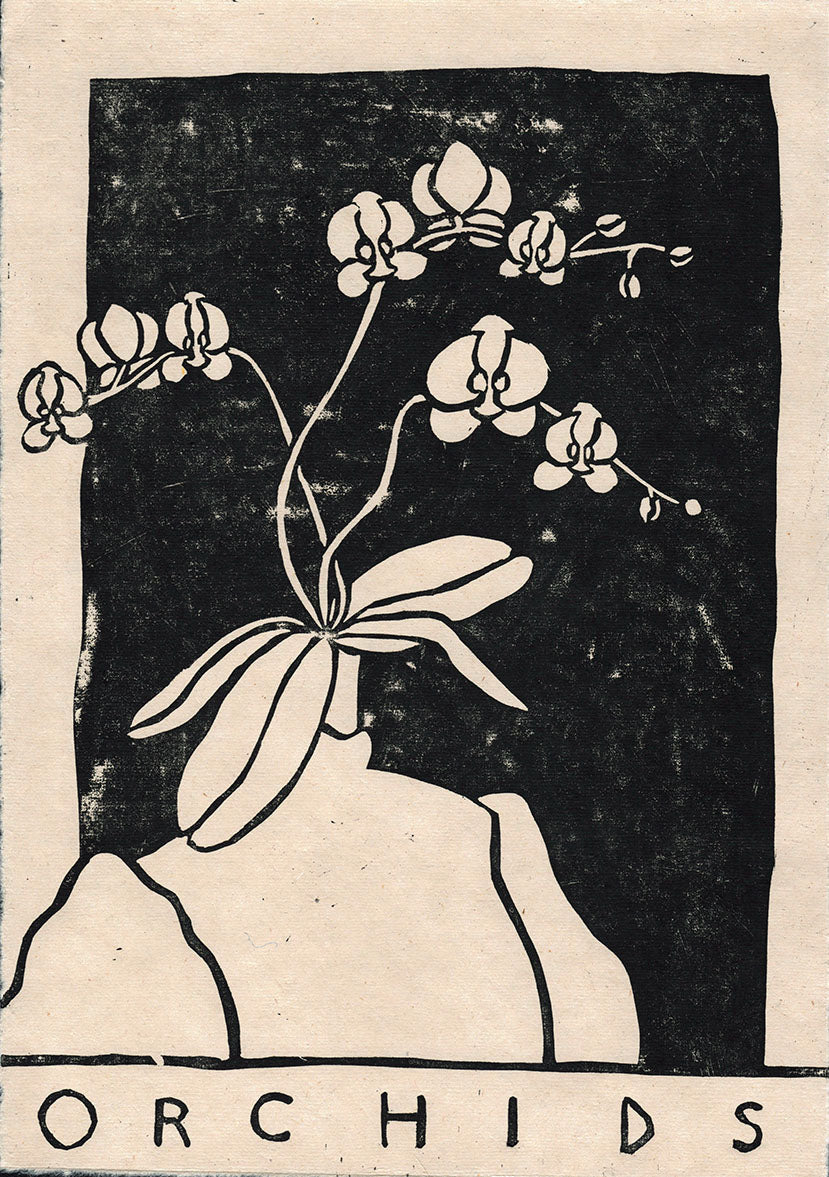 Orchids Original Linocut Print On Hand Made Paper Julie Celina Art